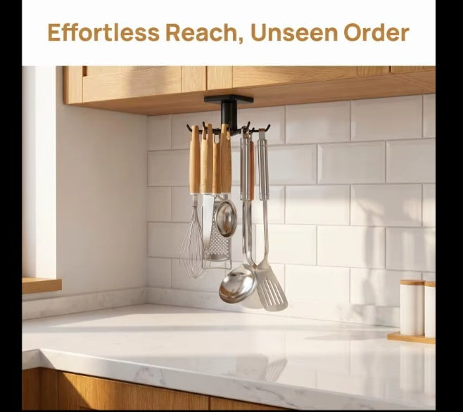 360 rotating kitchen hooks adhesive utensil organizer rack with 6 hooks.No drill.Cabinet mount for spoons,towels and cups