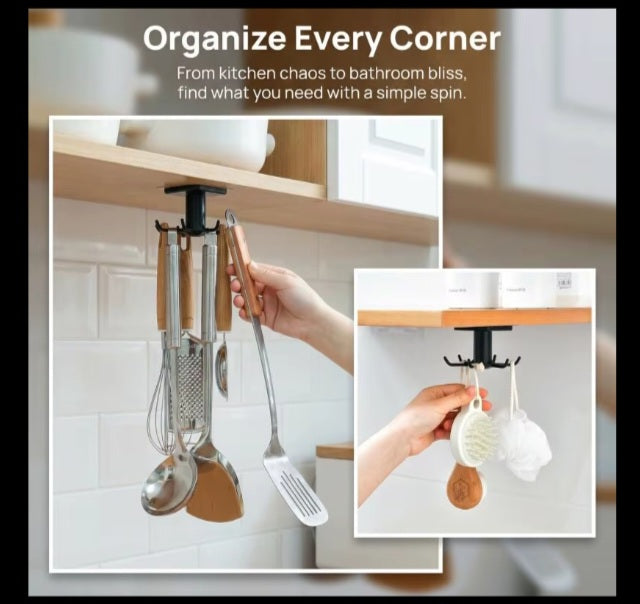 360 rotating kitchen hooks adhesive utensil organizer rack with 6 hooks.No drill.Cabinet mount for spoons,towels and cups