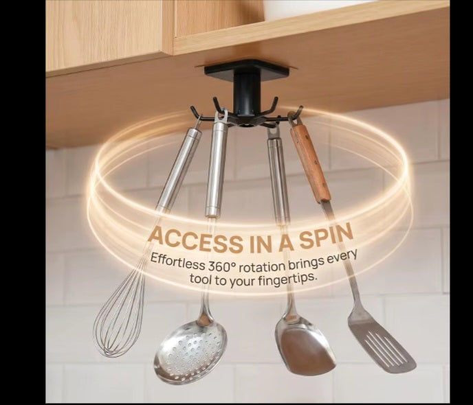 360 rotating kitchen hooks adhesive utensil organizer rack with 6 hooks.No drill.Cabinet mount for spoons,towels and cups