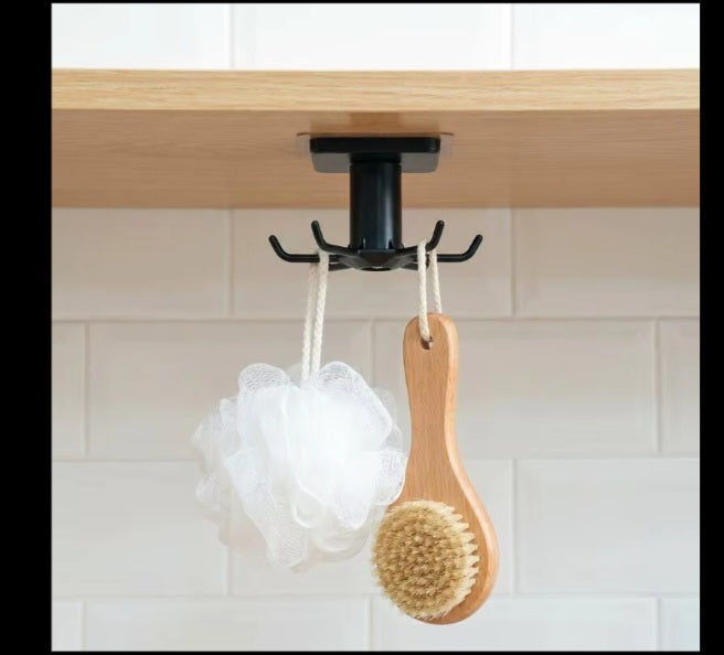 360 rotating kitchen hooks adhesive utensil organizer rack with 6 hooks.No drill.Cabinet mount for spoons,towels and cups