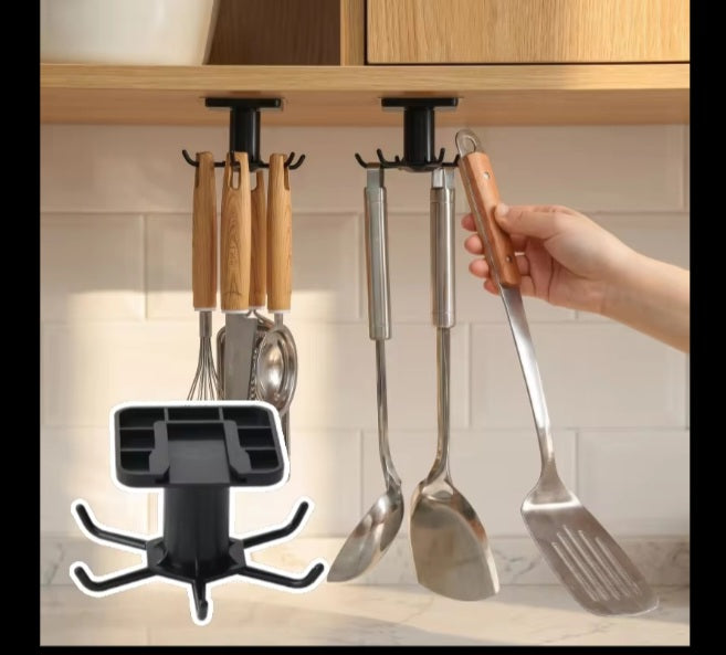 360 rotating kitchen hooks adhesive utensil organizer rack with 6 hooks.No drill.Cabinet mount for spoons,towels and cups
