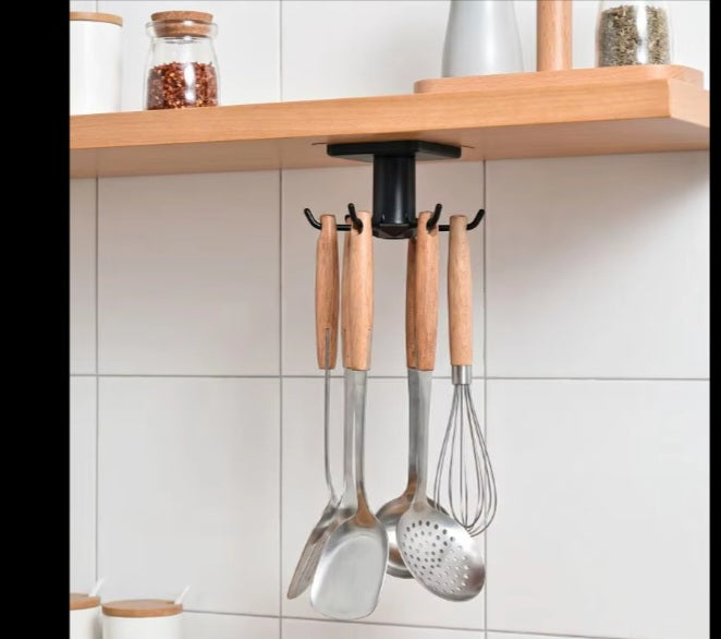 360 rotating kitchen hooks adhesive utensil organizer rack with 6 hooks.No drill.Cabinet mount for spoons,towels and cups